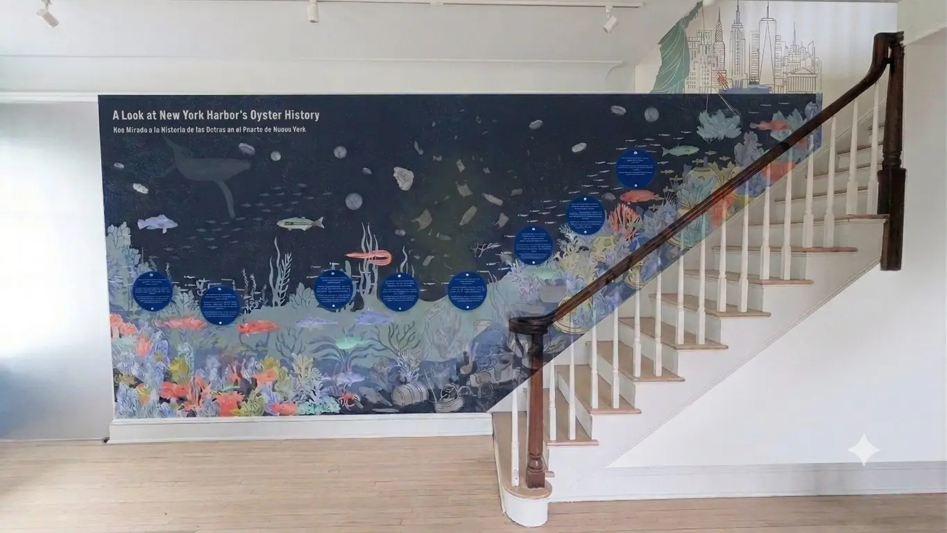 The harbor timeline mural installed along a stairwell wall in the exhibit house