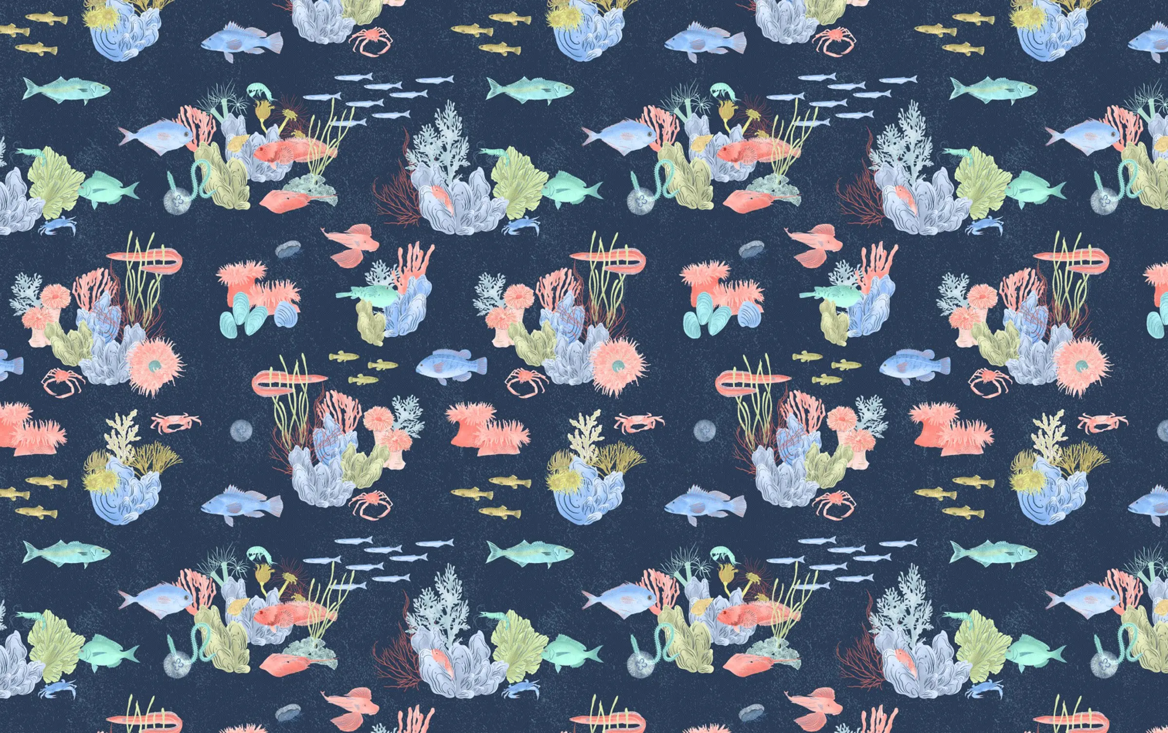 An illustrated underwater pattern of New York Harbor wildlife — fish, anemones, crabs, and kelp on deep navy