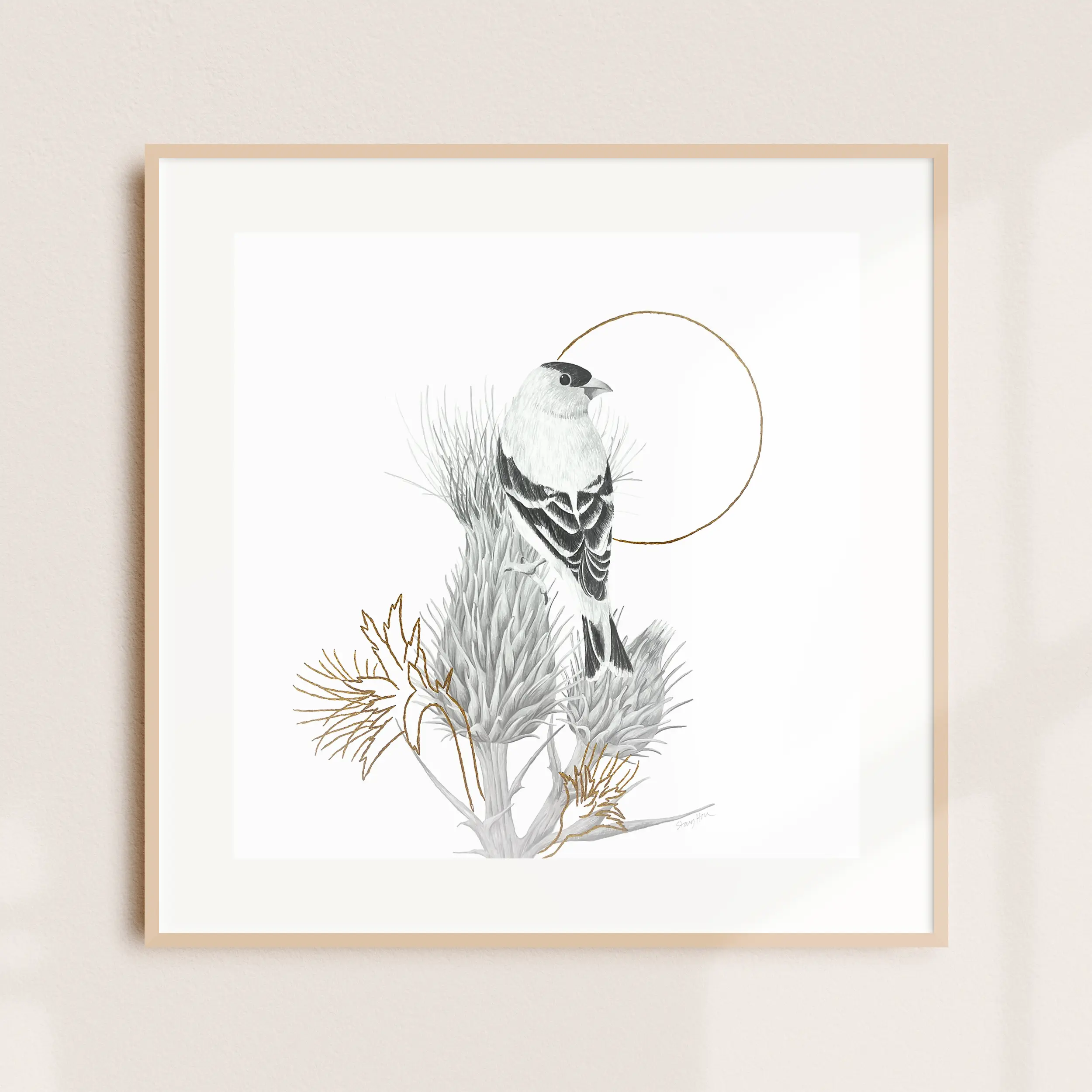 A framed illustration of a small bird perched on a thistle branch with a golden ring behind it