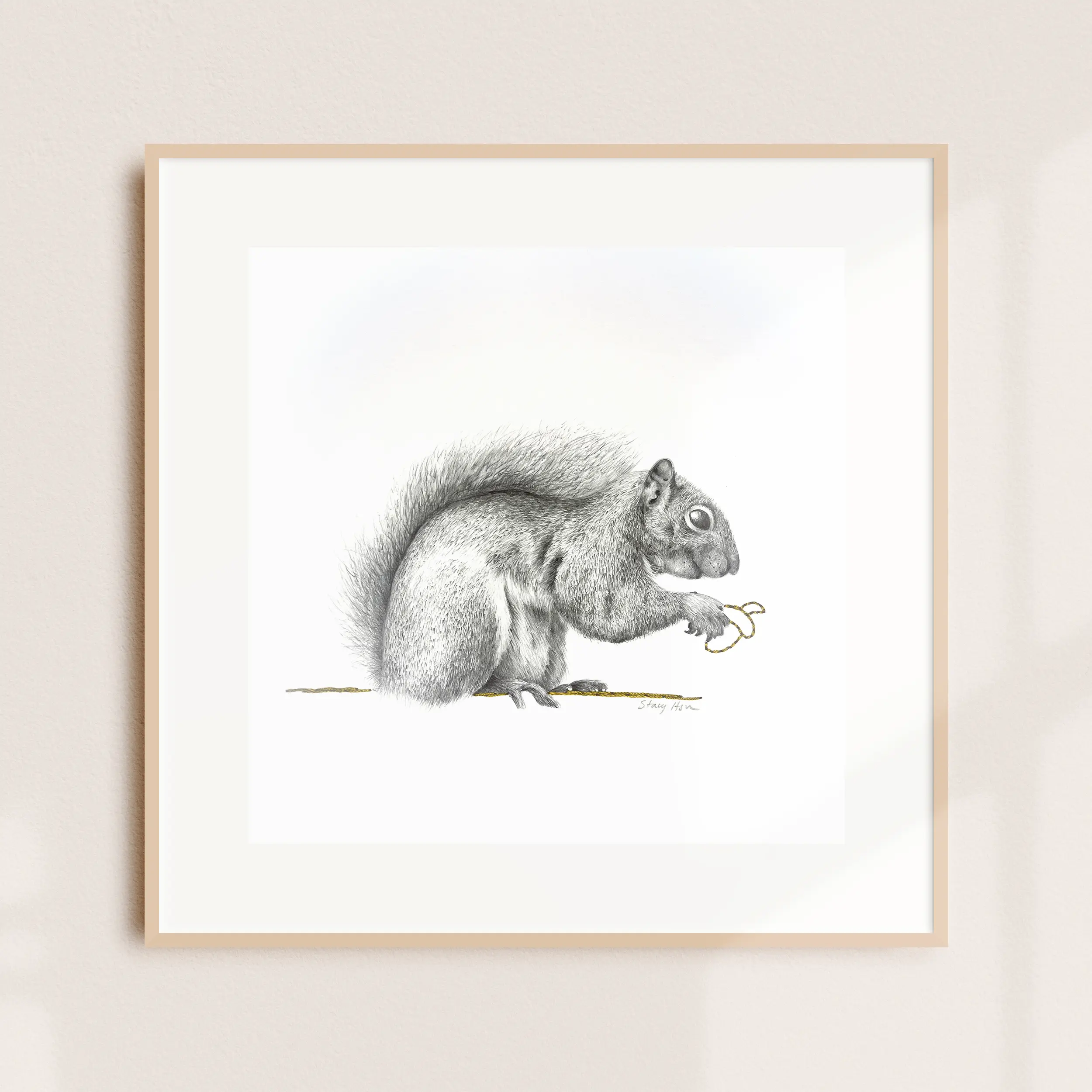 A framed illustration of an eastern gray squirrel holding a length of golden thread