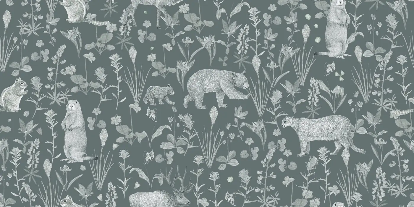 An alpine wildlife surface pattern in charcoal