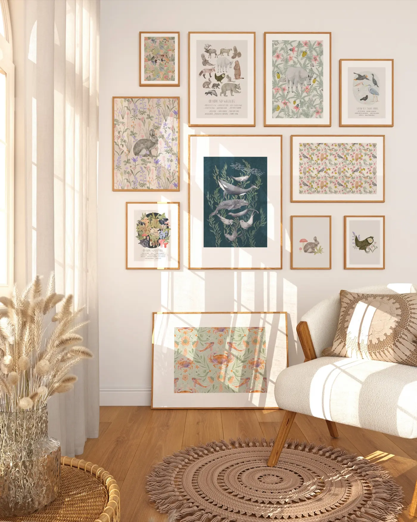 A gallery wall of framed Olympic National Park illustration prints in a sunlit room