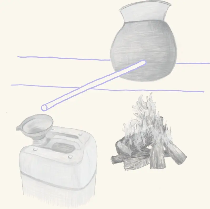 A fermentation crock beside a small fire