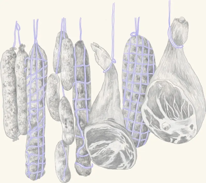 Cured salami and hams hanging to age