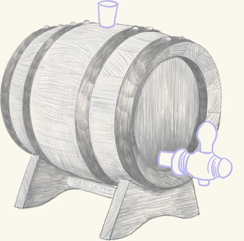 A barrel keg on a stand with a glass