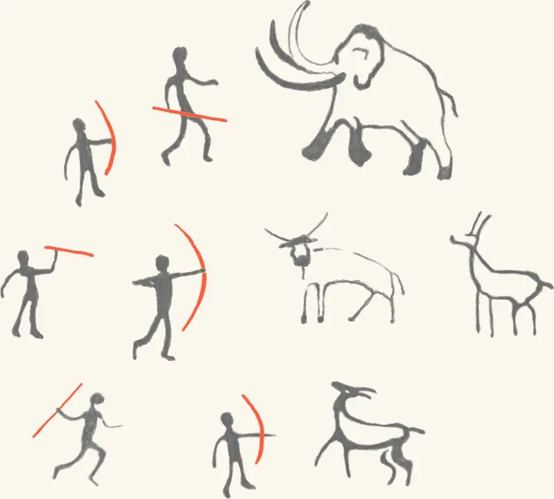 Prehistoric cave paintings of hunters and game