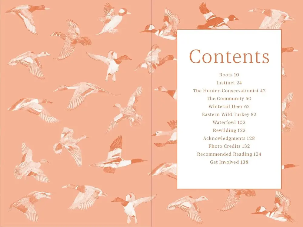 The book's contents page over a salmon-toned pattern of waterfowl