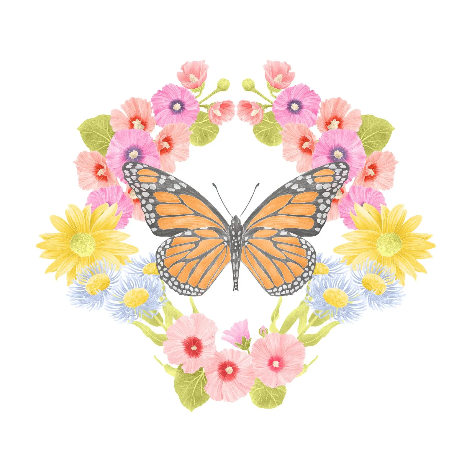 A watercolour monarch butterfly in a wreath of pink hollyhocks, daisies, and yellow asters