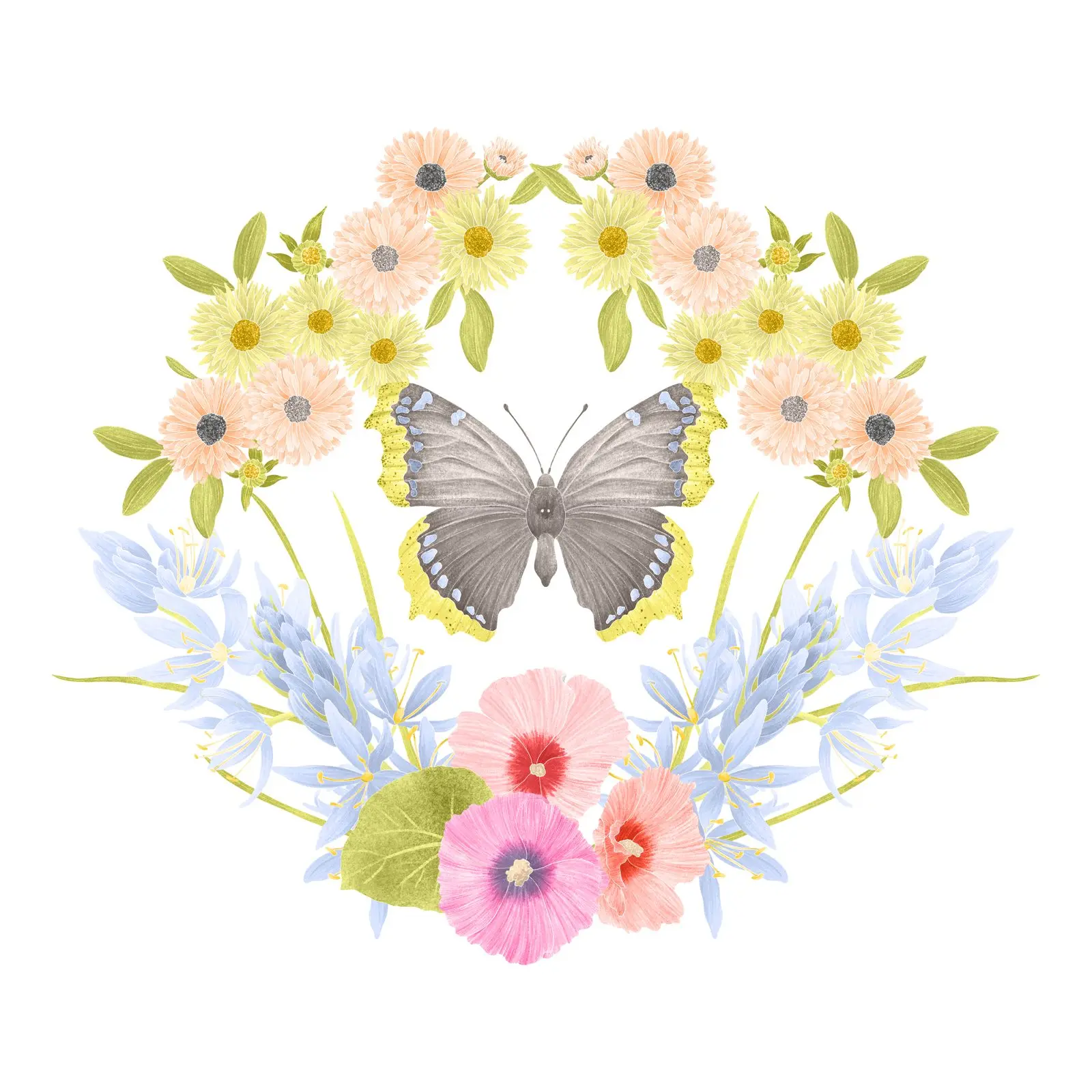 A watercolour mourning cloak butterfly beneath an arch of cream and yellow blooms with blue lupine