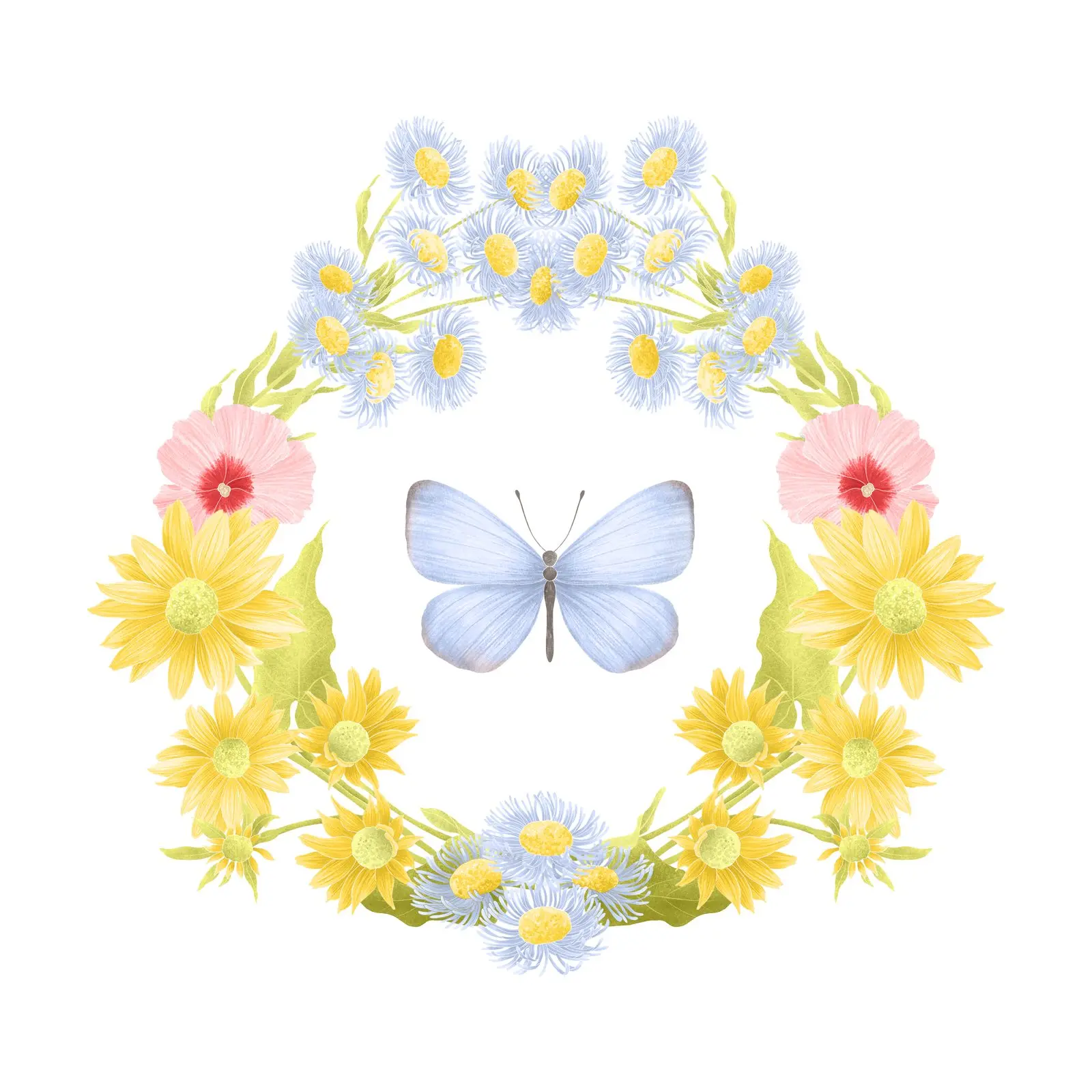 A watercolour Celastrina ladon butterfly in a wreath of fleabane, marigolds, and yellow blooms