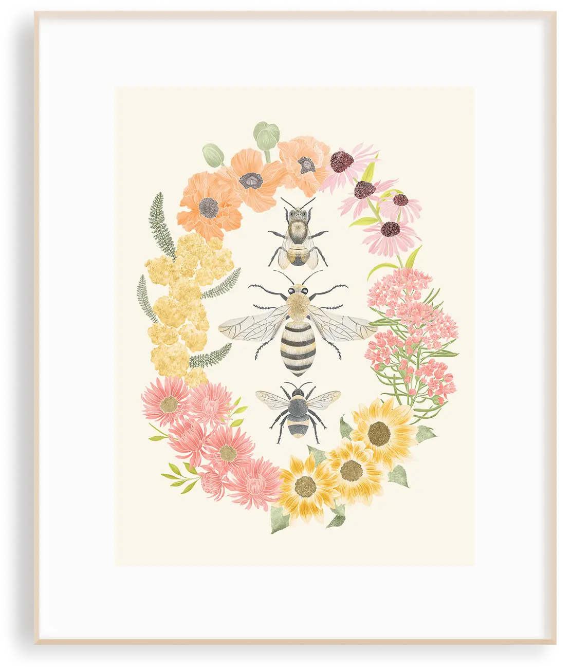 The Wings of Freedom bees print in a light wood frame — three watercolour bees encircled by a wreath of poppies, sunflowers, milkweed, and asters