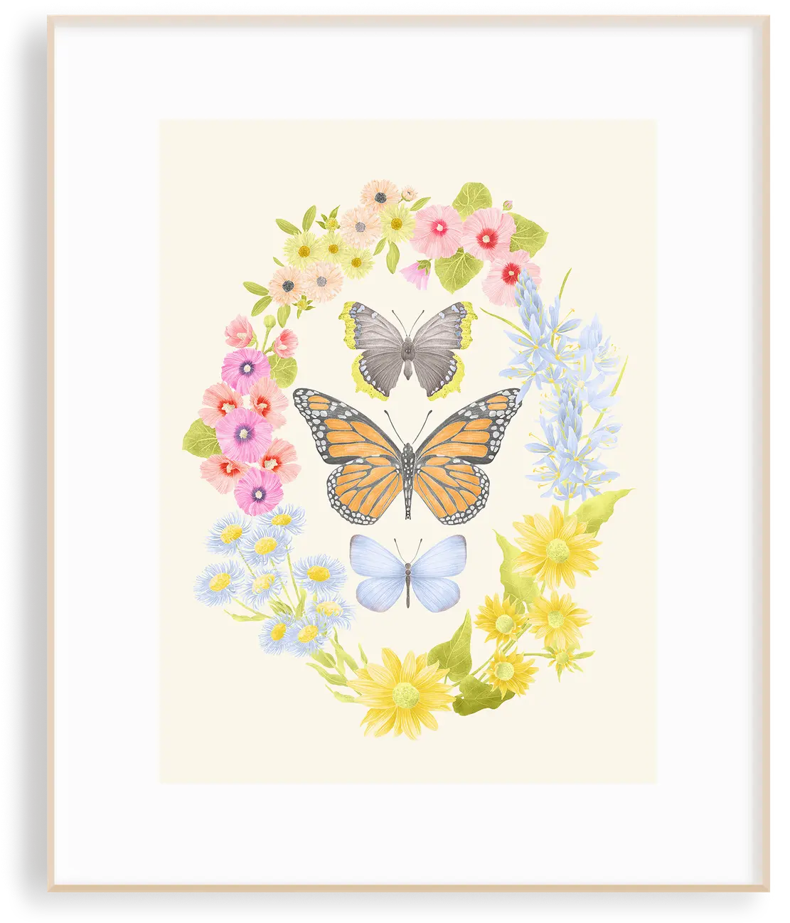 The Wings of Freedom butterflies print in a light wood frame — watercolour butterflies in a wreath of hollyhocks, marigolds, camas, and fleabane