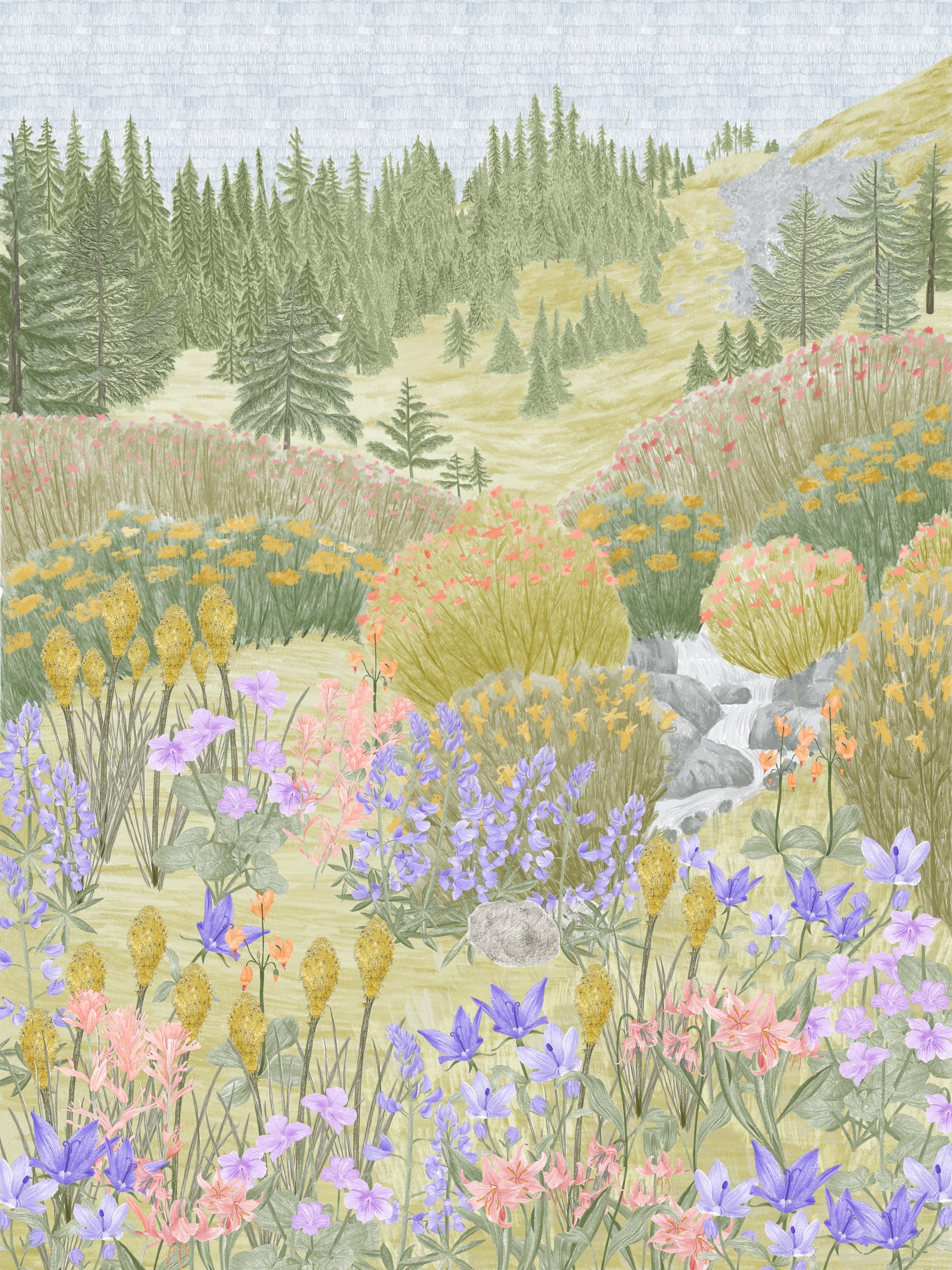 An illustrated alpine meadow scene with wildflowers, pine trees, and a stream