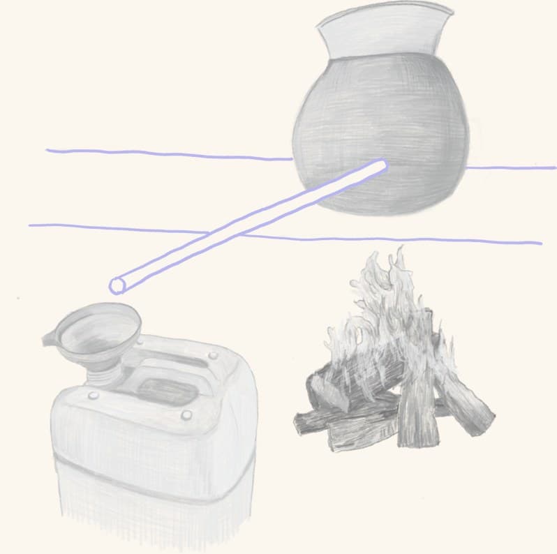 A fermentation crock beside a small fire