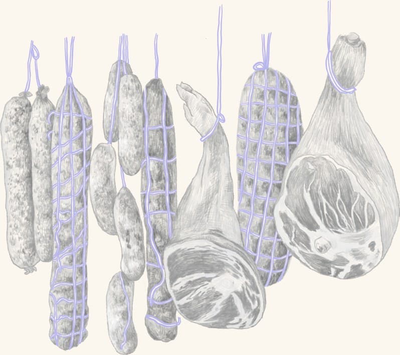 Cured salami and hams hanging to age