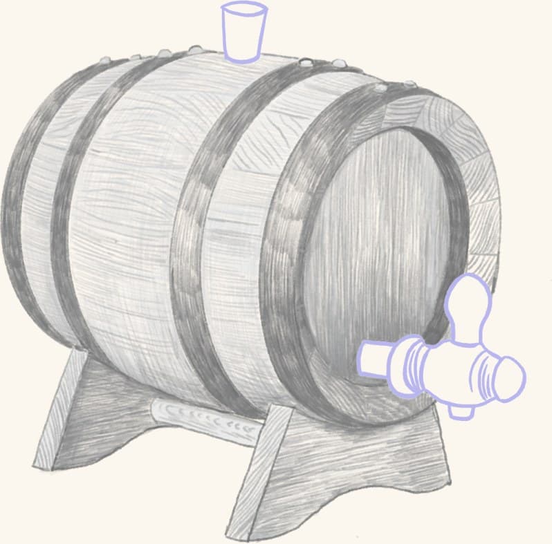 A barrel keg on a stand with a glass