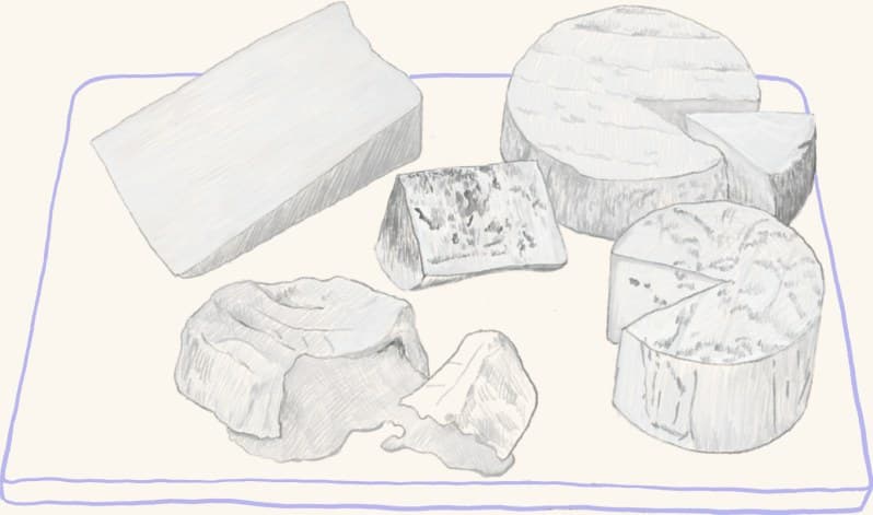 An assortment of cheeses on a board