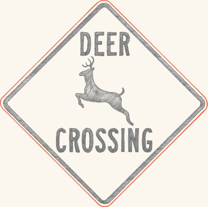 A deer crossing road sign
