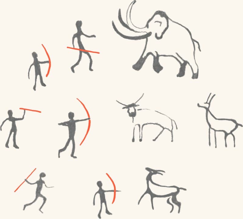 Prehistoric cave paintings of hunters and game