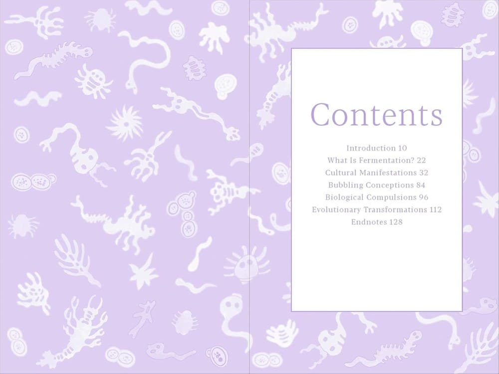 The book's contents page over a lavender pattern of fermentation microbes