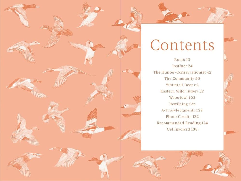 The book's contents page over a salmon-toned pattern of waterfowl