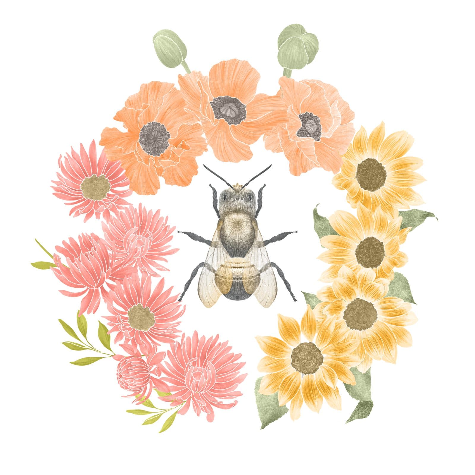A watercolour mason bee encircled by sunflowers, orange poppies, and pink asters