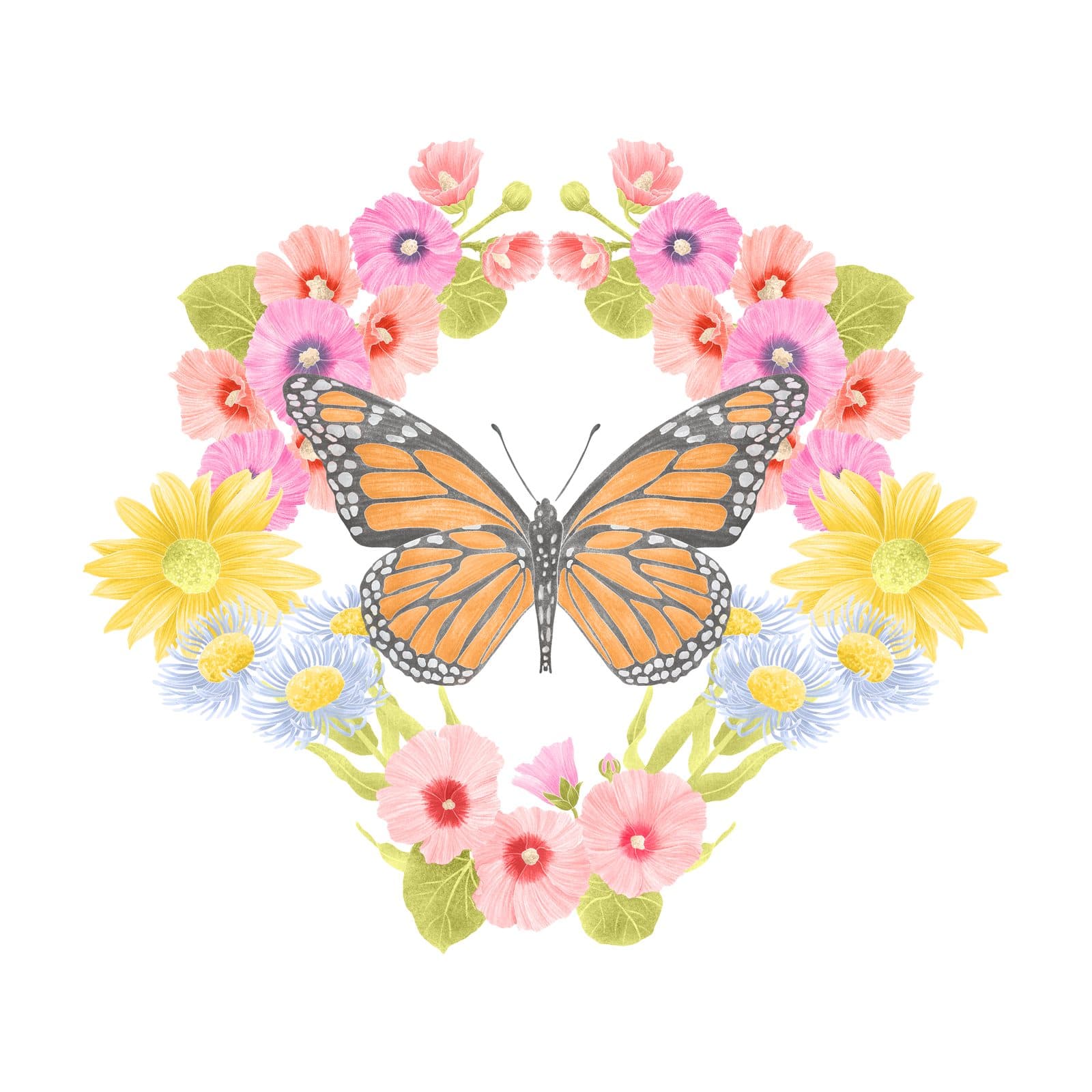 A watercolour monarch butterfly in a wreath of pink hollyhocks, daisies, and yellow asters