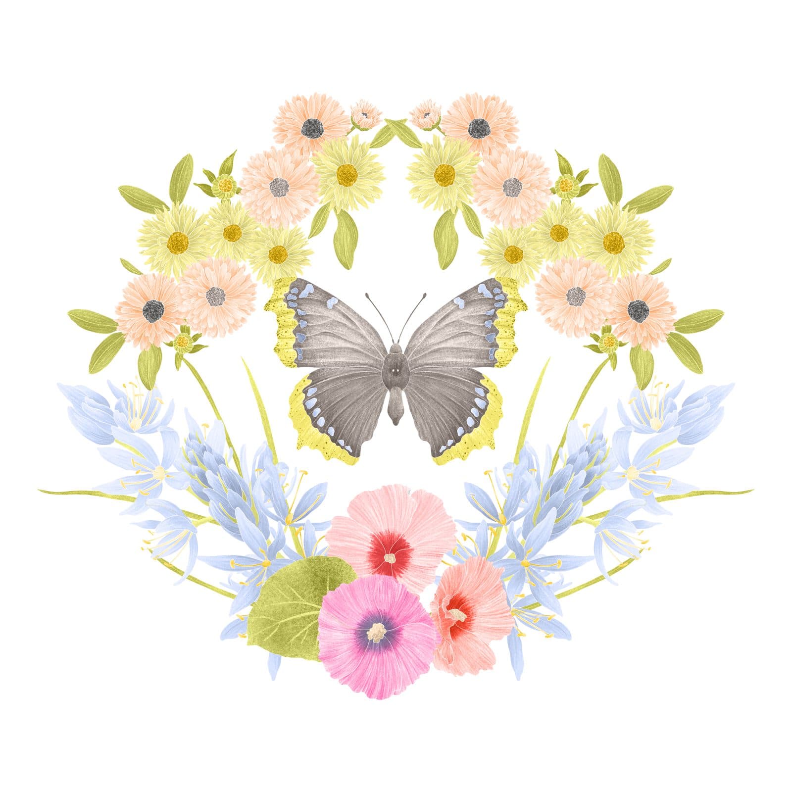 A watercolour mourning cloak butterfly beneath an arch of cream and yellow blooms with blue lupine