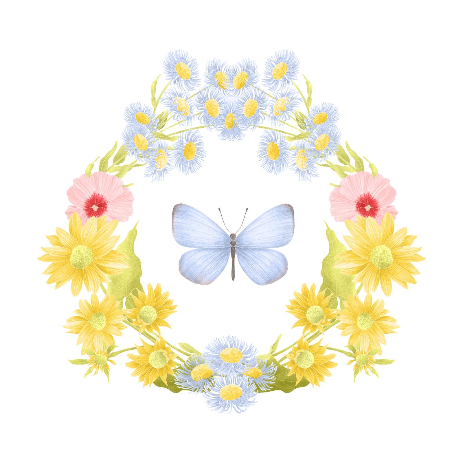 A watercolour Celastrina ladon butterfly in a wreath of fleabane, marigolds, and yellow blooms