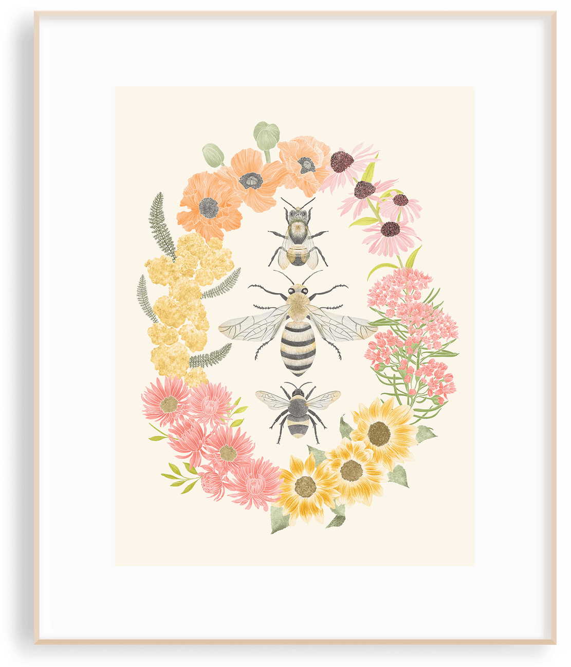 The Wings of Freedom bees print in a light wood frame — three watercolour bees encircled by a wreath of poppies, sunflowers, milkweed, and asters