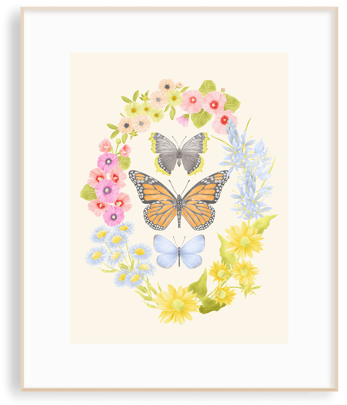 The Wings of Freedom butterflies print in a light wood frame — watercolour butterflies in a wreath of hollyhocks, marigolds, camas, and fleabane