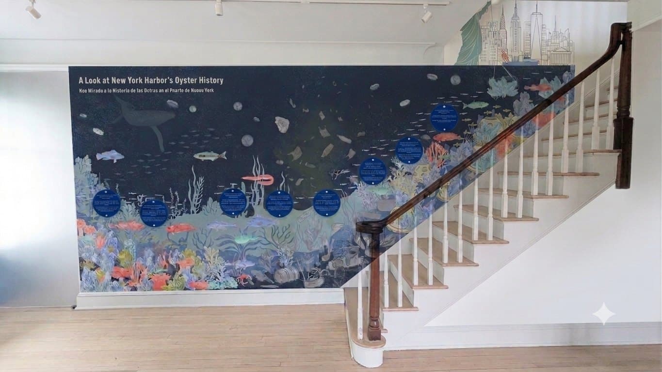 The harbor timeline mural installed along a stairwell wall in the exhibit house
