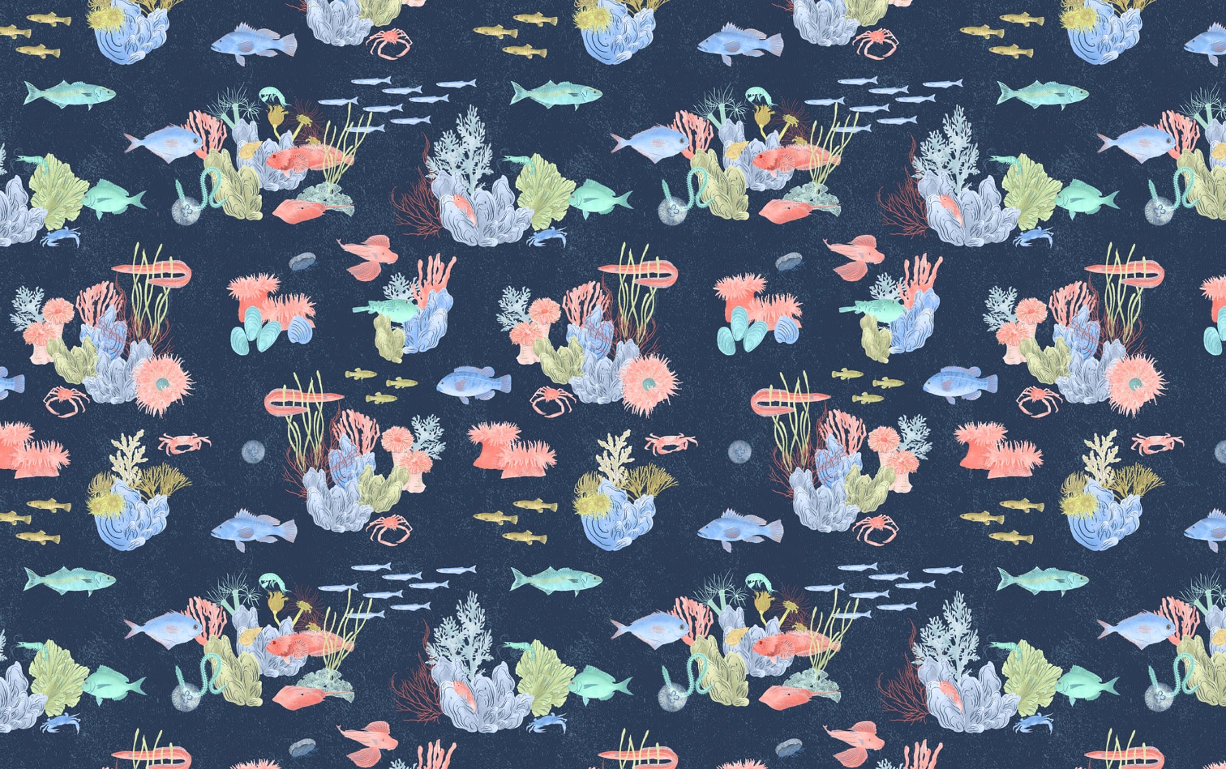 An illustrated underwater pattern of New York Harbor wildlife — fish, anemones, crabs, and kelp on deep navy