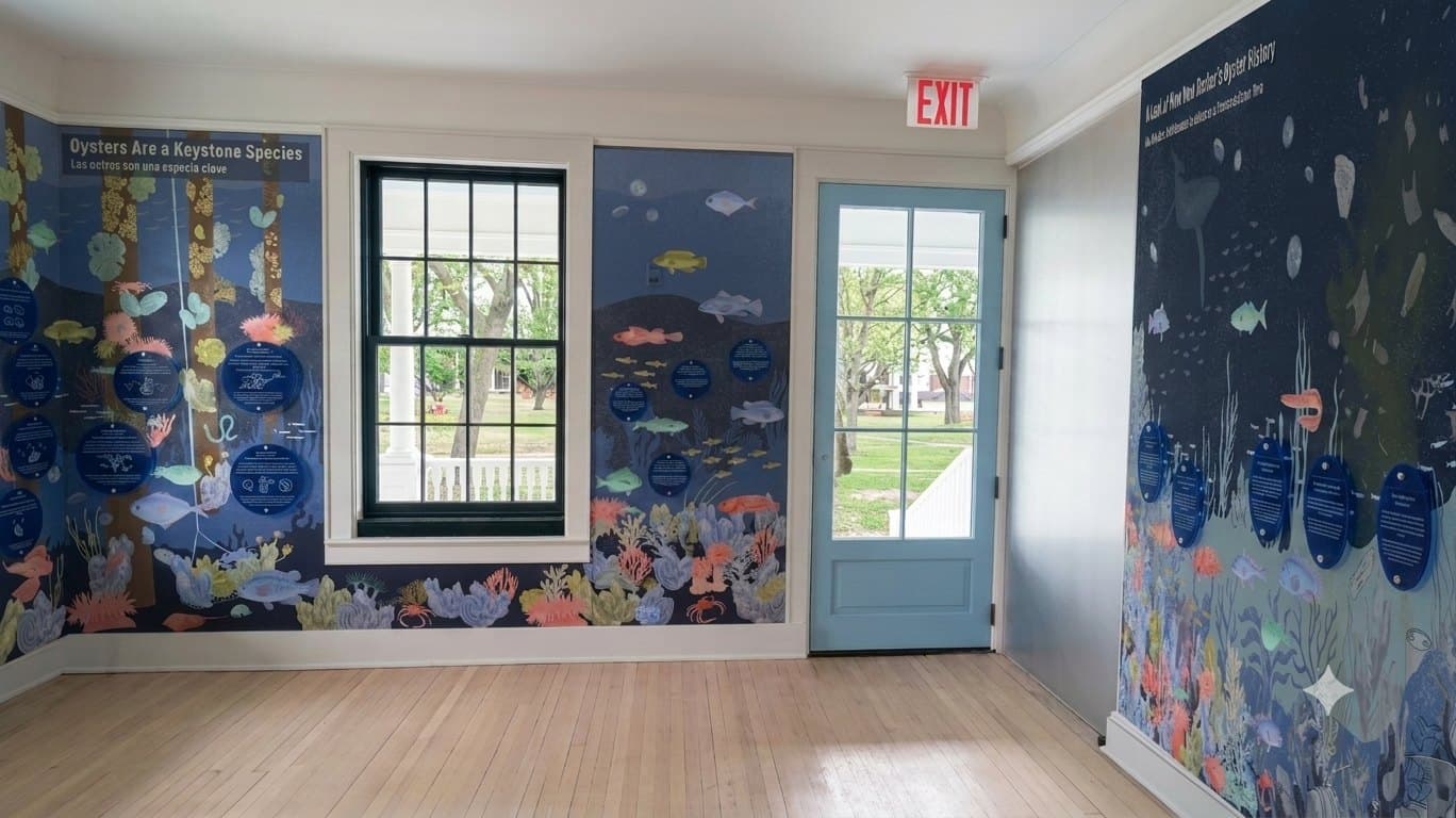 The exhibit room with the piling corner mural wrapping the walls around a window and doorway