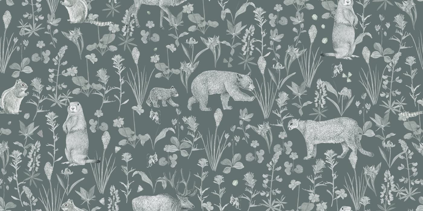 An alpine wildlife surface pattern in charcoal