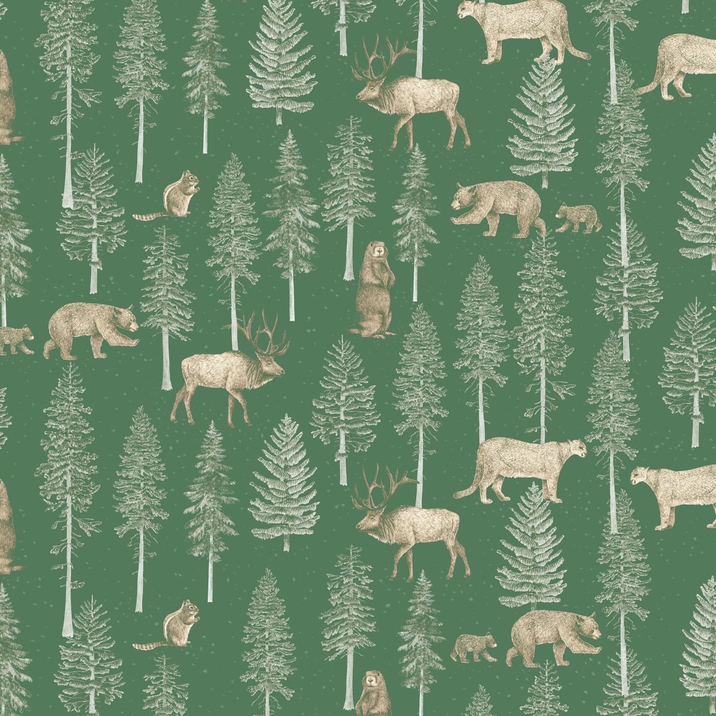 A forest wildlife surface pattern in deep green