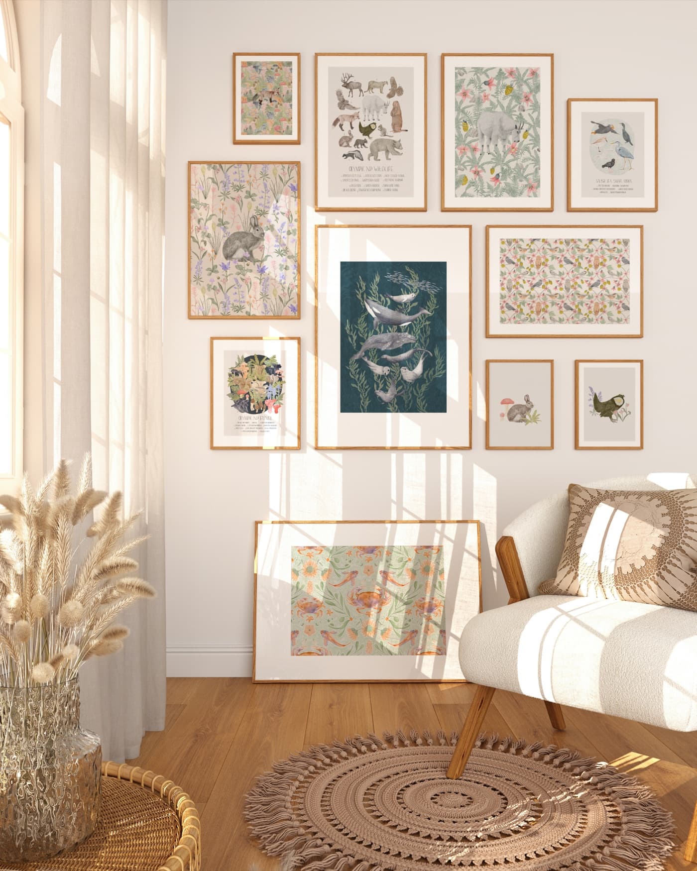 A gallery wall of framed Olympic National Park illustration prints in a sunlit room
